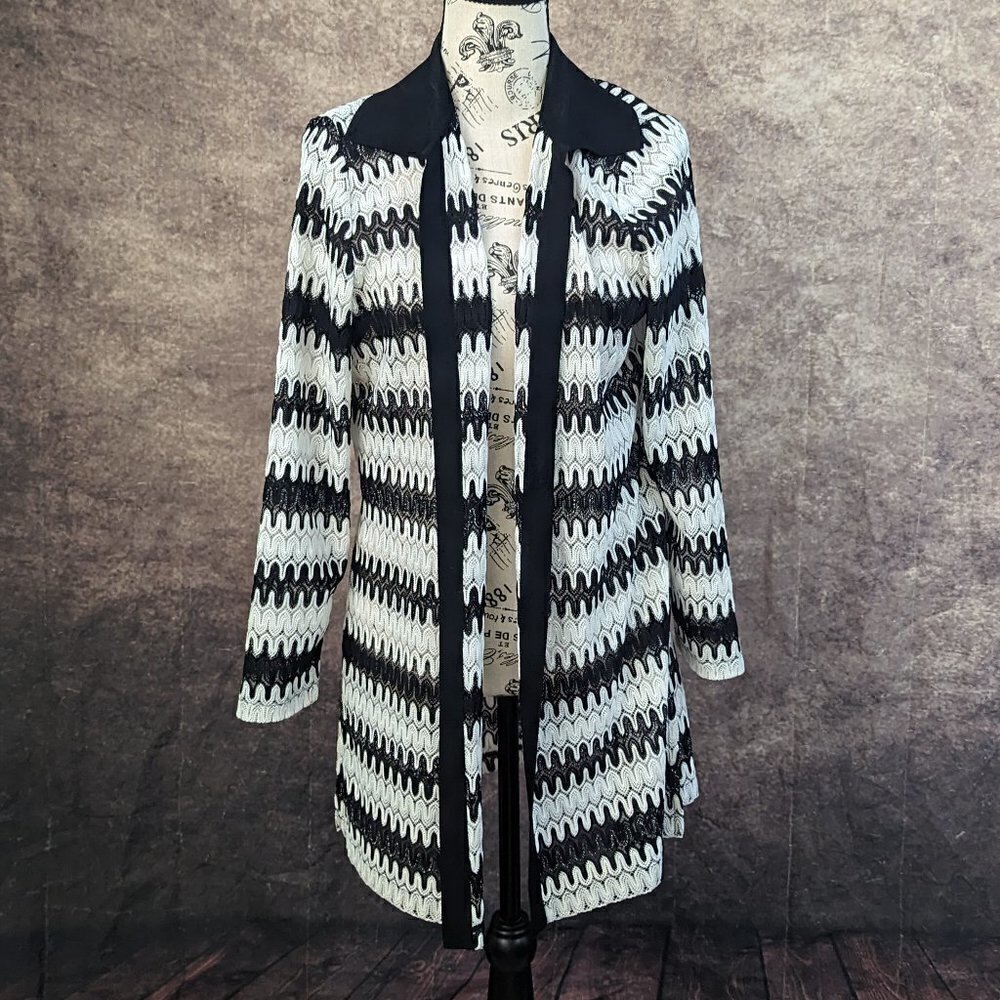 Misook Petite Black White Chevron Pointelle Waterfall Duster sweater XL PXL
